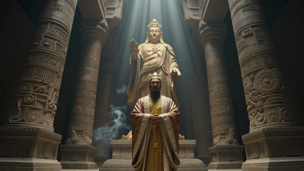 Un soberano imperial con vestiduras de seda y oro frente a un templo monolítico.