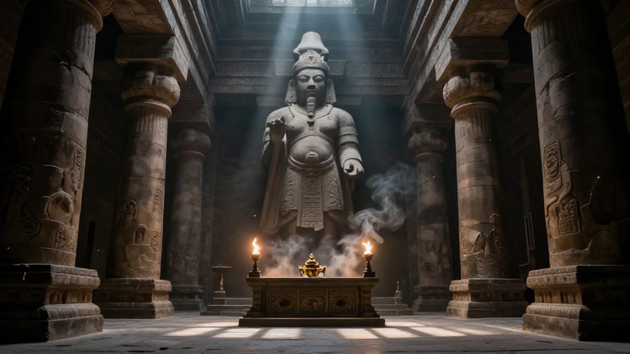 Estatua imperial monumental frente a un altar central en un templo de piedra en ruinas.