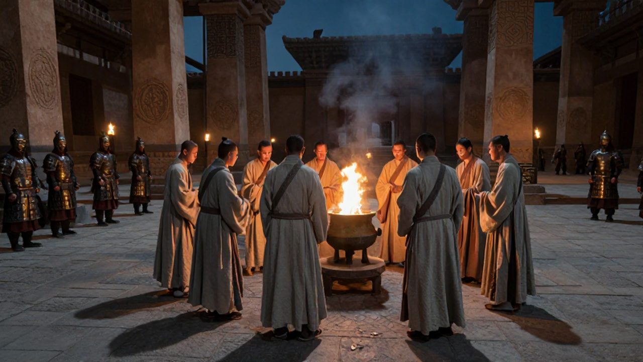 Sacerdotes con túnicas raídas realizan un ritual secreto junto a un brasero en un templo antiguo.