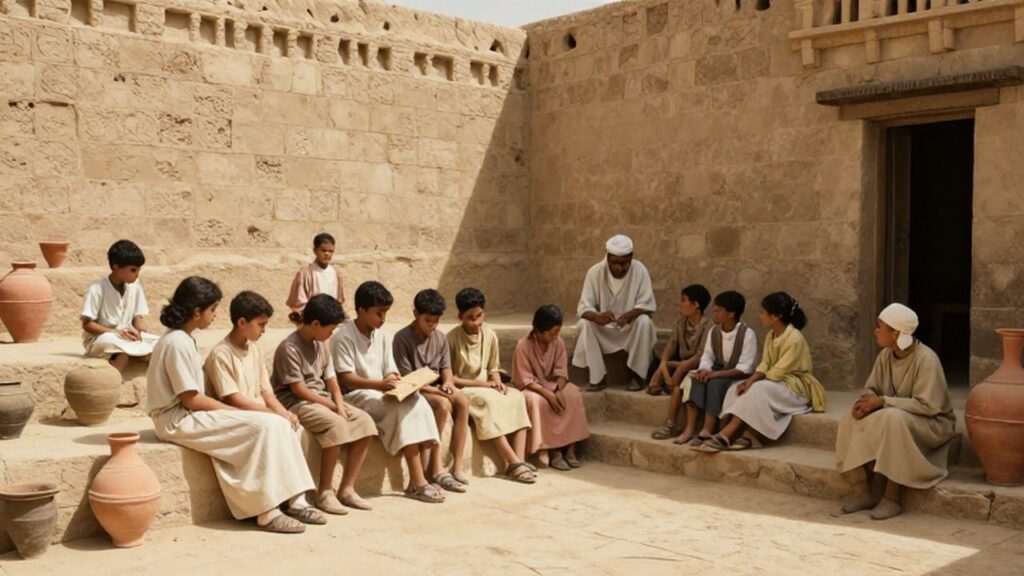 Un escriba enseña a un grupo de niños en un patio de arquitectura mesopotámica.