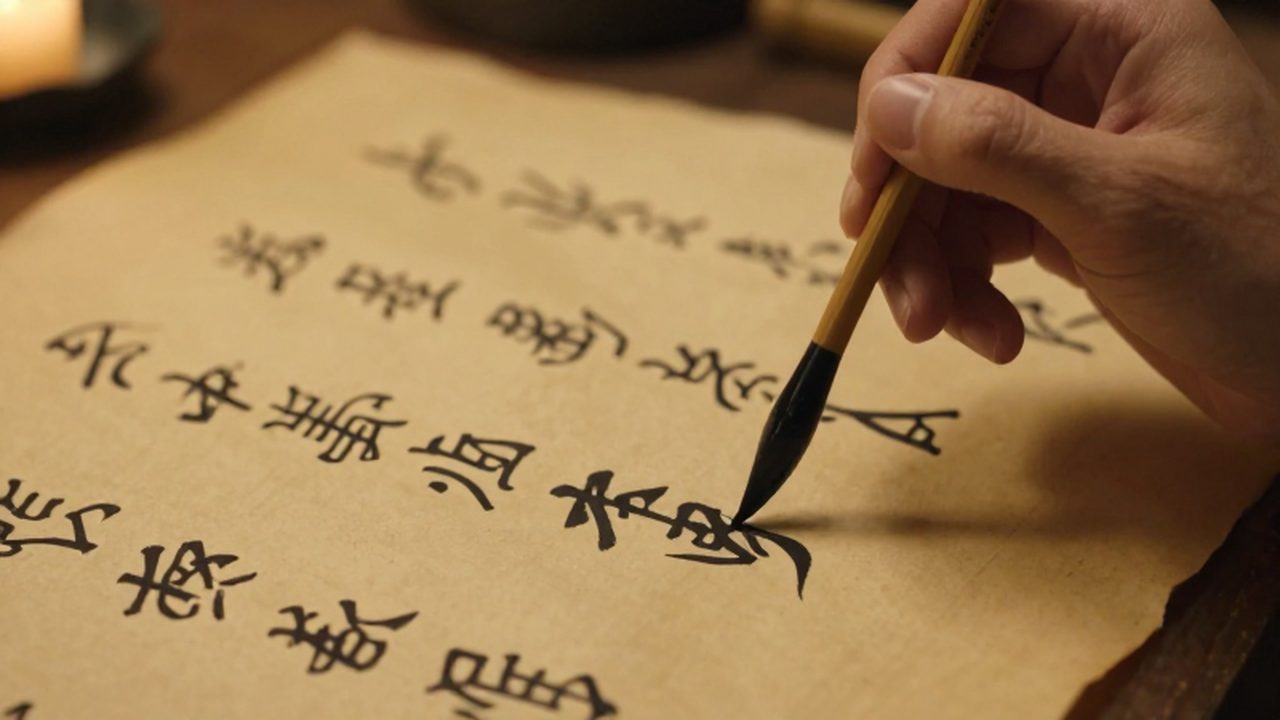 Mano de un erudito pintando caracteres chinos con un pincel de bambú sobre pergamino antiguo.