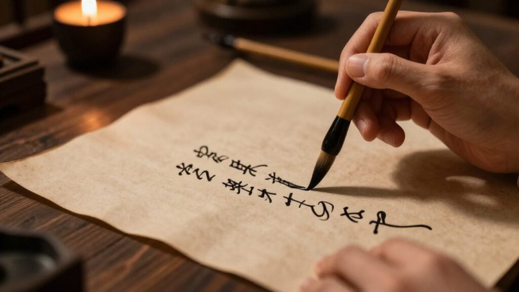Mano de un erudito escribiendo caligrafía china con un pincel de bambú sobre pergamino antiguo.