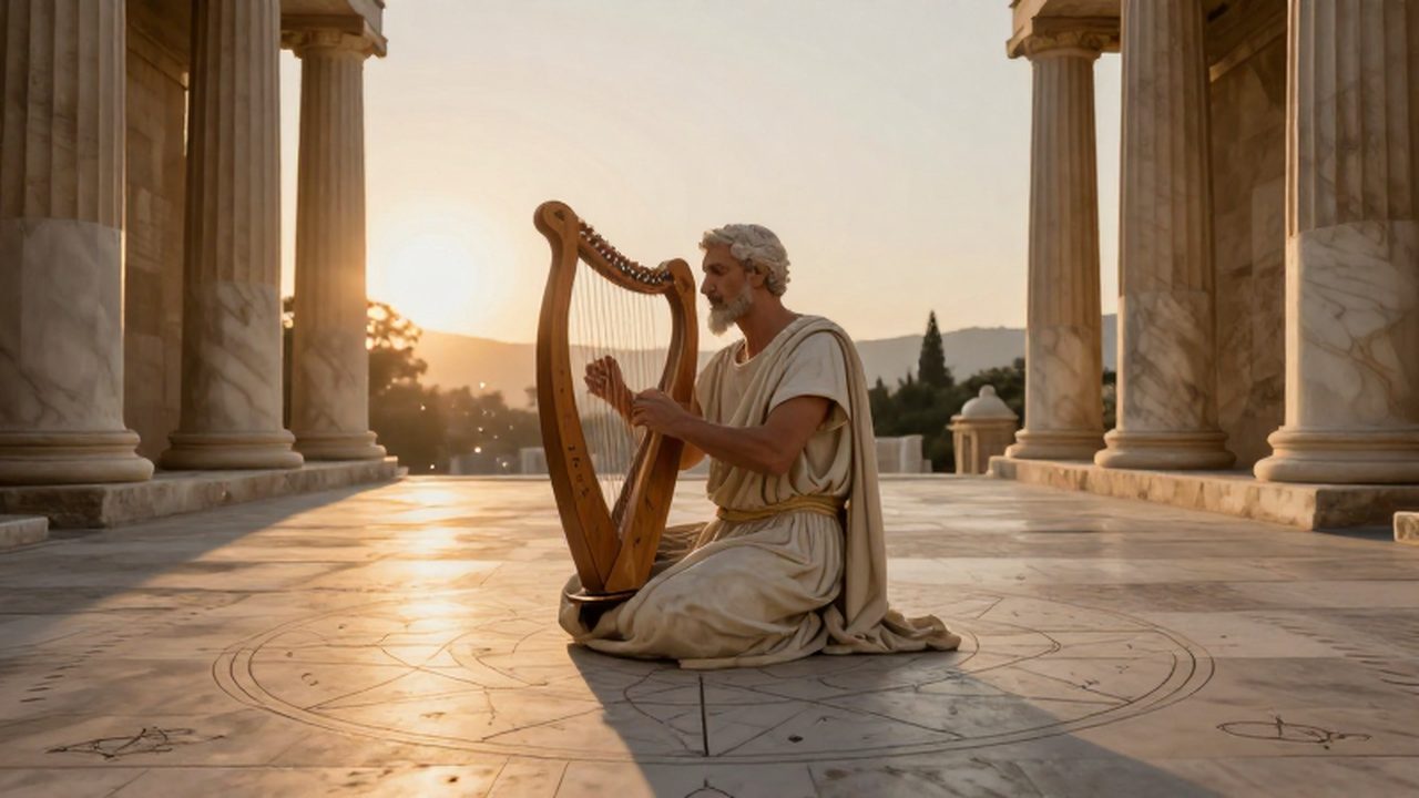 Filósofo griego tocando una lira de madera en el patio de un templo de mármol al atardecer.