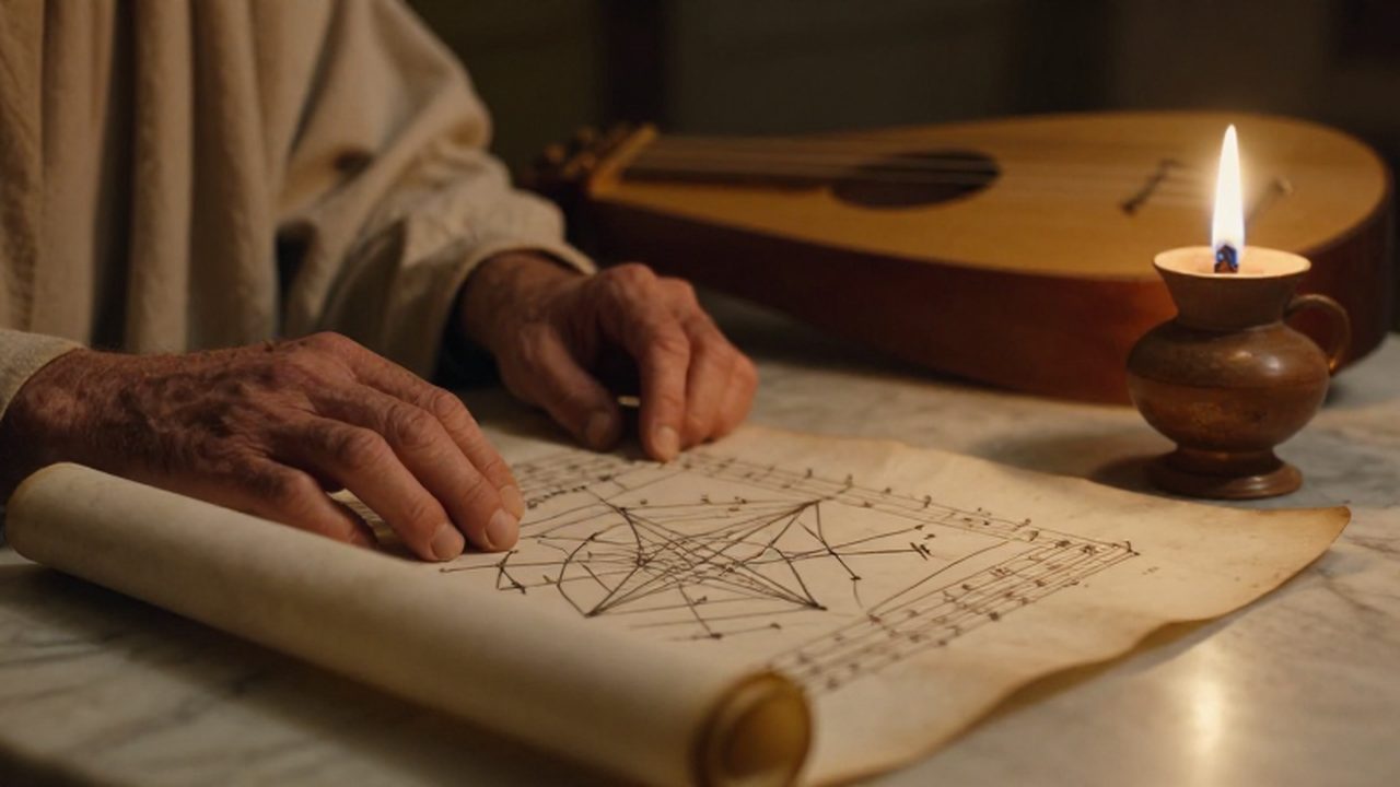 Manos curtidas de un filósofo sobre un pergamino con diagramas junto a una lira de madera.