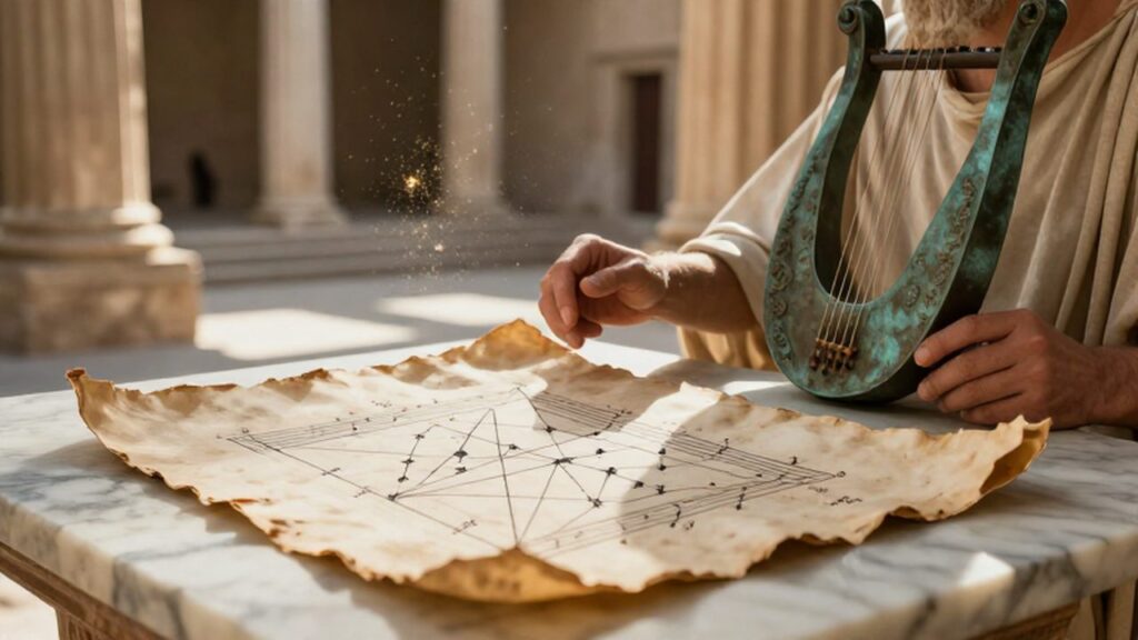 Un pergamino con diagramas geométricos y notas musicales junto a una lira de bronce.
