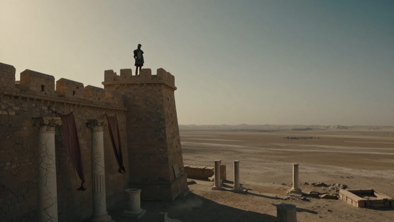 Un centurión romano solitario observa un desierto inmenso desde una torre de vigilancia en ruinas.
