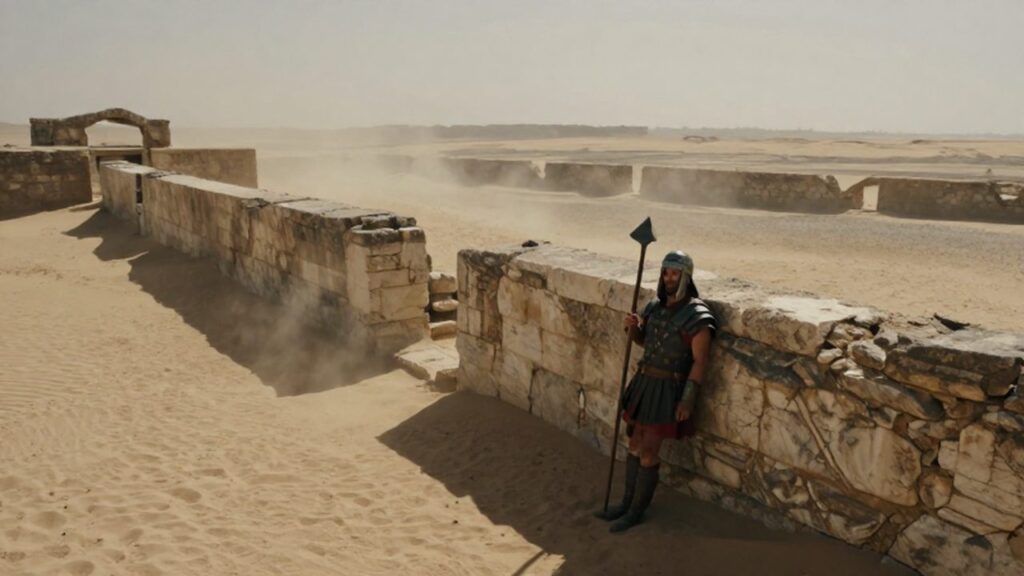 Un legionario exhausto se apoya en una lanza frente a un puesto romano en ruinas.