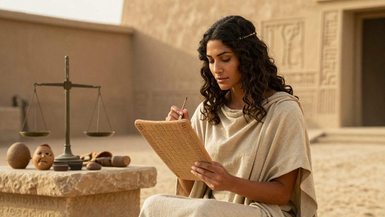 Mujer mesopotámica vestida de lino escribiendo inscripciones cuneiformes en una tablilla de arcilla.