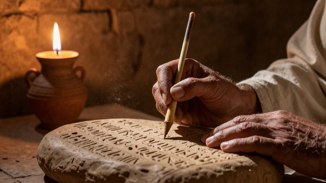 Manos de un escriba sumerio grabando inscripciones cuneiformes en una tablilla de arcilla húmeda.