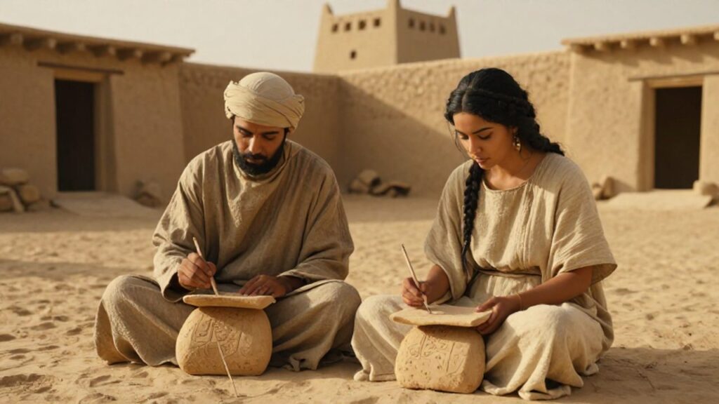 Un hombre y una mujer de la antigua Mesopotamia escriben con estiletes en tablillas de arcilla.