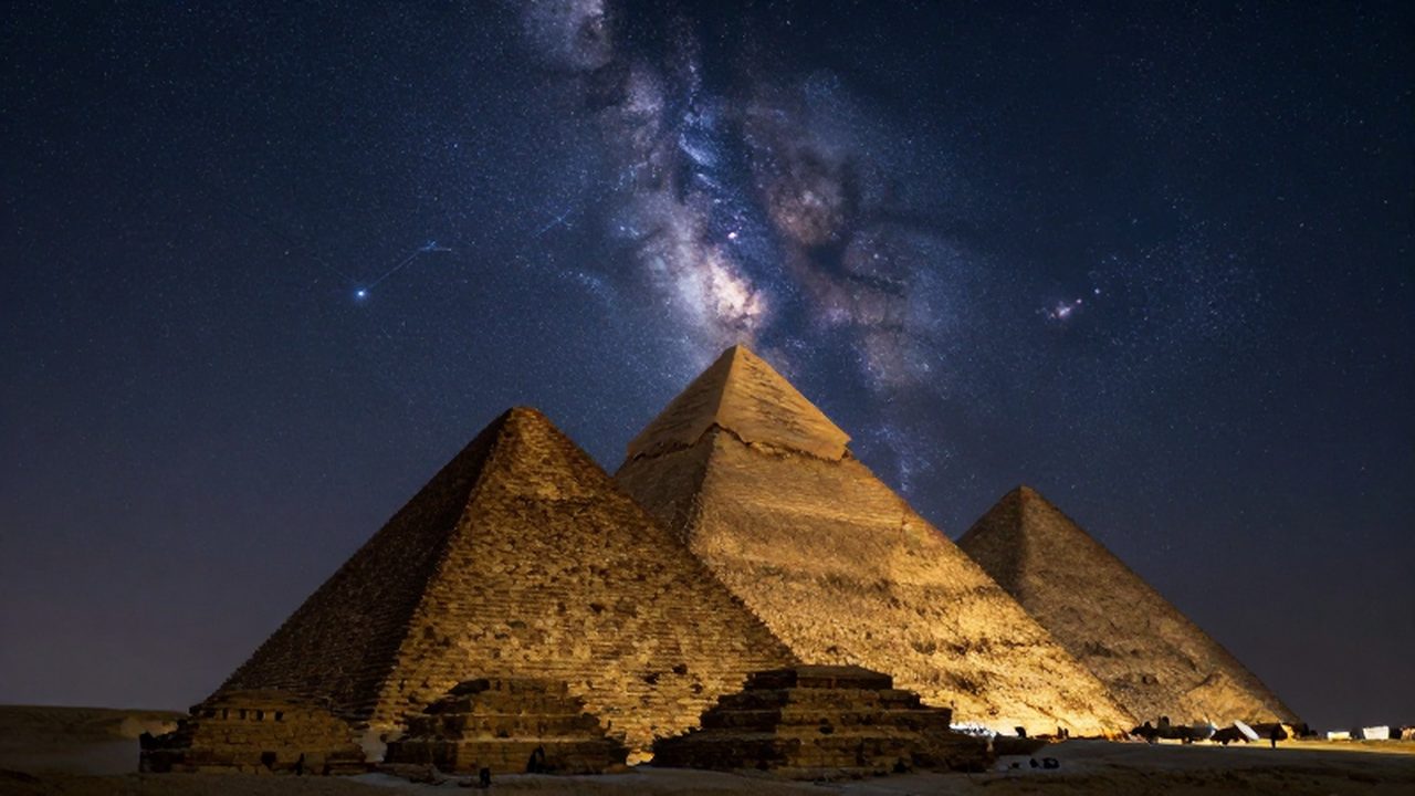 Gran Pirámide de Giza bajo la Vía Láctea y las estrellas del cinturón de Orión.