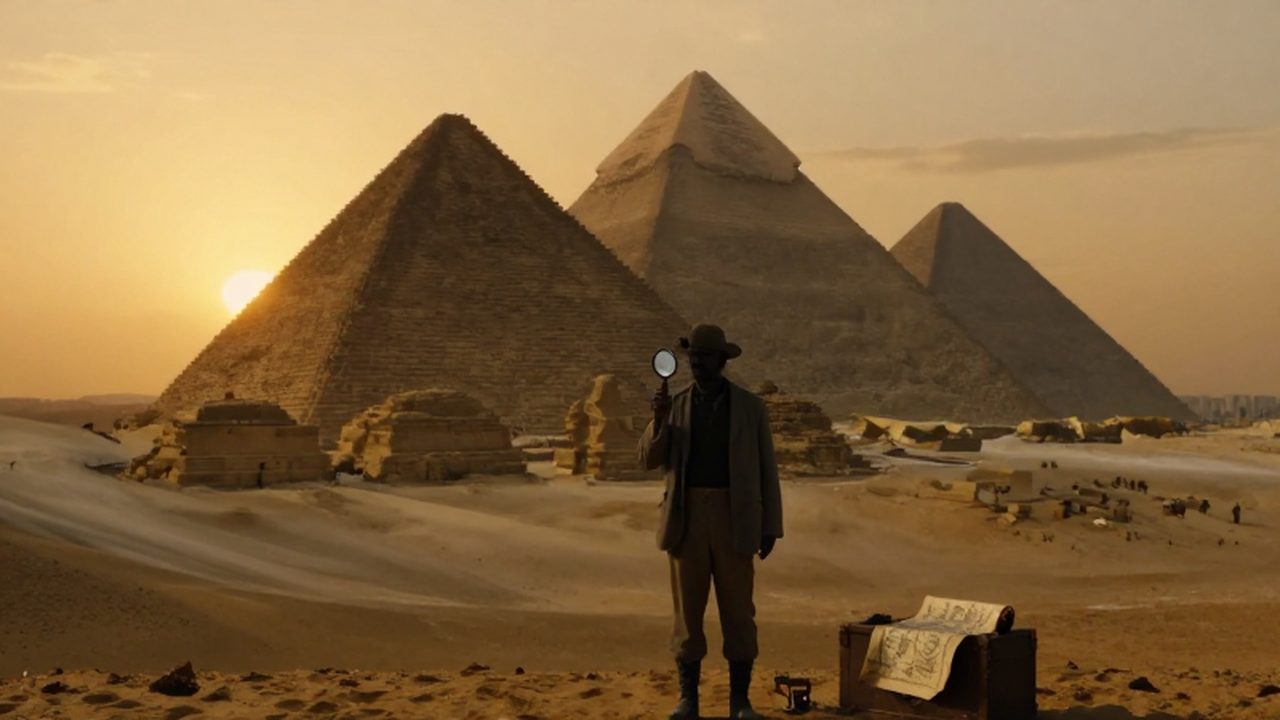 Silueta de un arqueólogo frente a la Gran Pirámide de Giza durante un atardecer desértico.