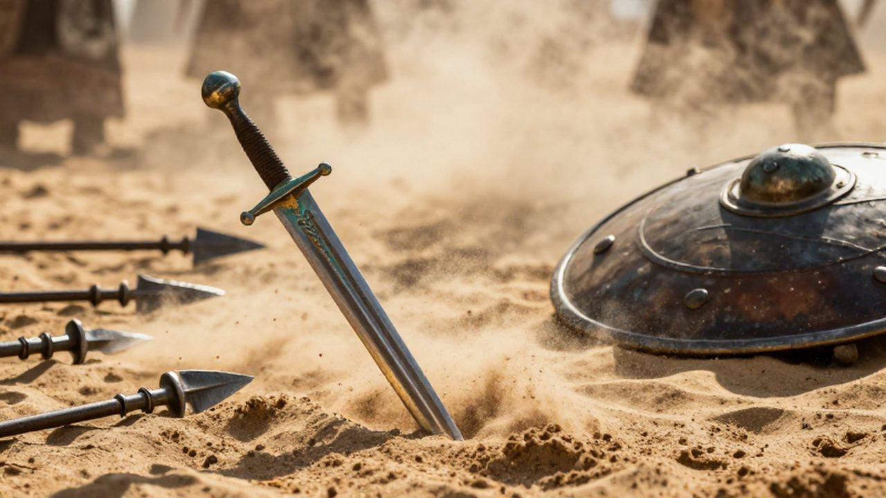 Espada de bronce desgastada clavada en la arena de un antiguo campo de batalla.