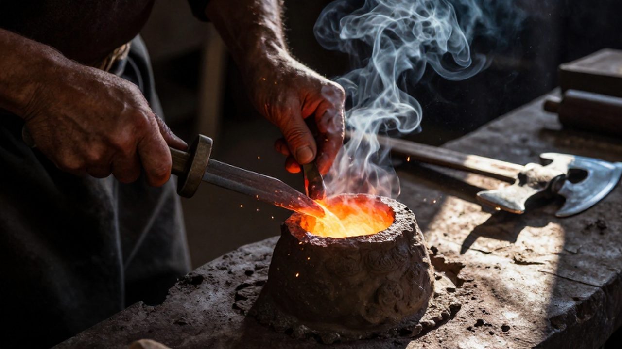 Un artesano vierte bronce fundido en un molde de arcilla en un taller antiguo.