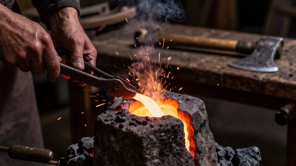 Un artesano vierte bronce fundido en un molde de piedra dentro de un taller antiguo.