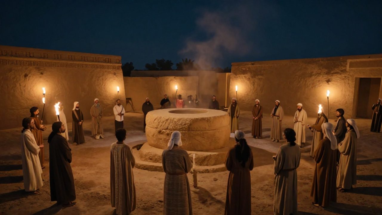 Aldea mesopotámica reunida alrededor de un gran altar de piedra bajo la luz de antorchas.