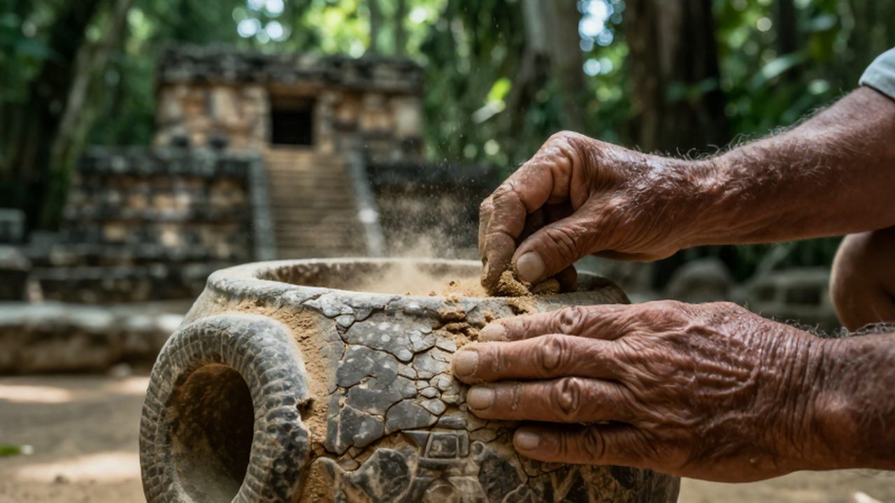 Manos de un arqueólogo limpian con un pincel un recipiente de piedra en ruinas mesoamericanas.