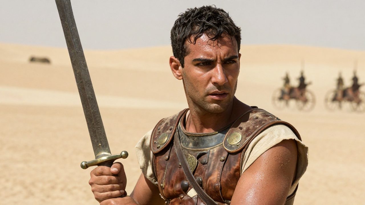 Soldado egipcio con armadura de cuero y una khopesh en un campo de batalla desértico.