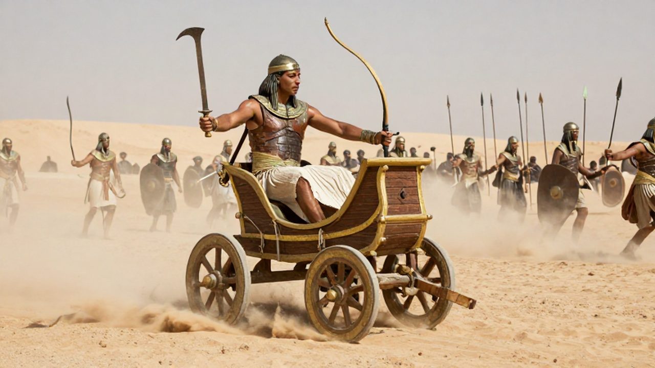 Guerrero egipcio en un carro de combate con una espada khopesh en medio de un desierto.