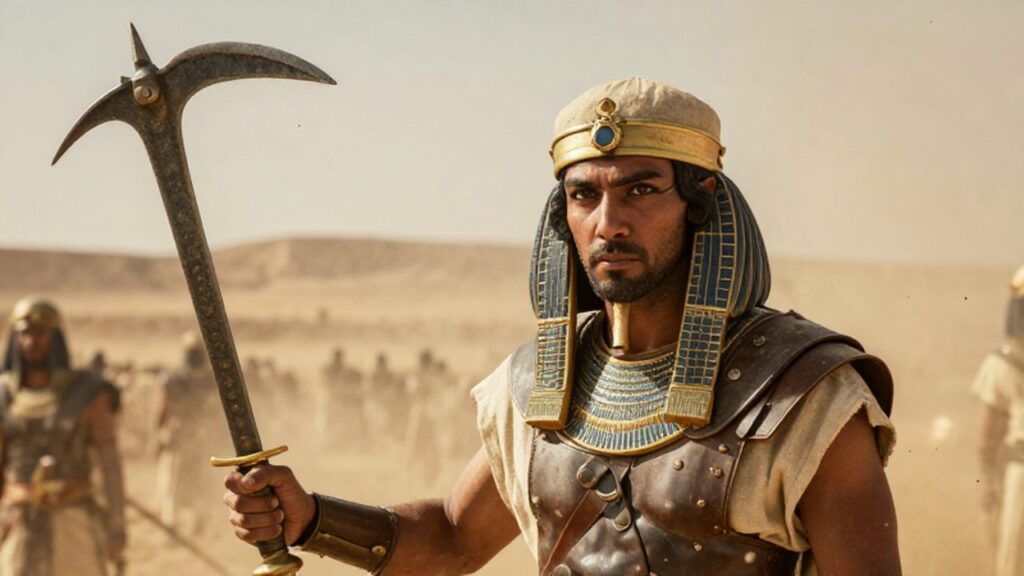Soldado egipcio con una espada khopesh y armadura de cuero en un campo de batalla polvoriento.