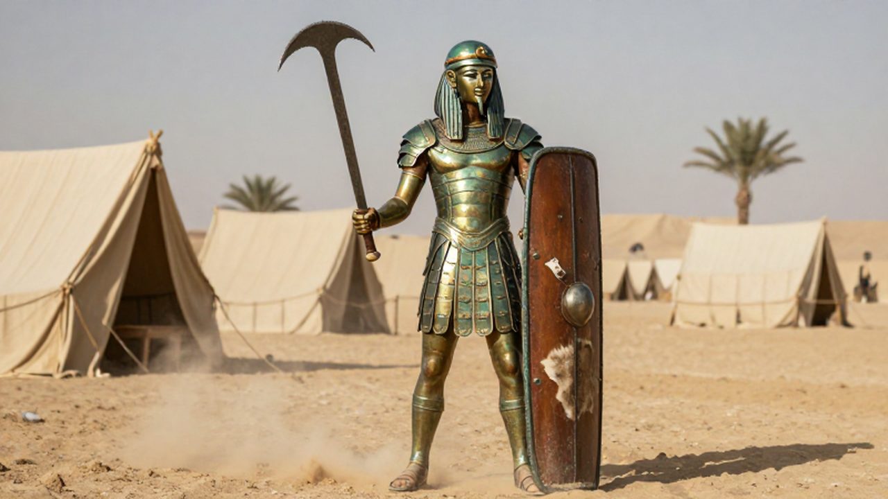 Soldado egipcio con armadura de bronce y espada khopesh de pie en un campamento desértico.