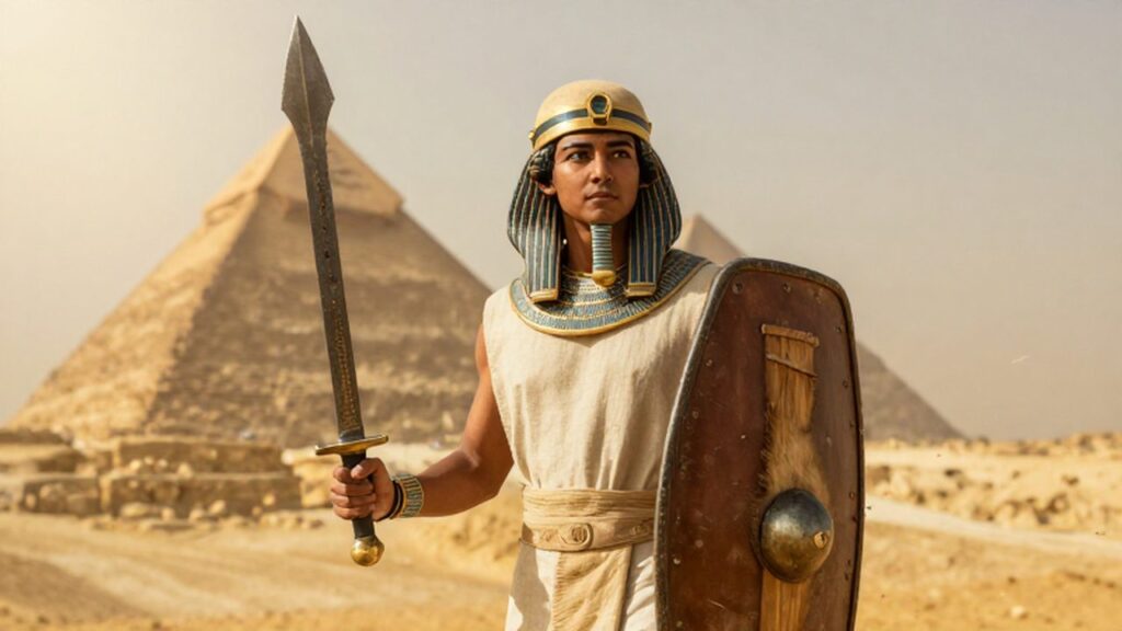 Soldado egipcio con khopesh y escudo de cuero en un desierto con pirámides al fondo.