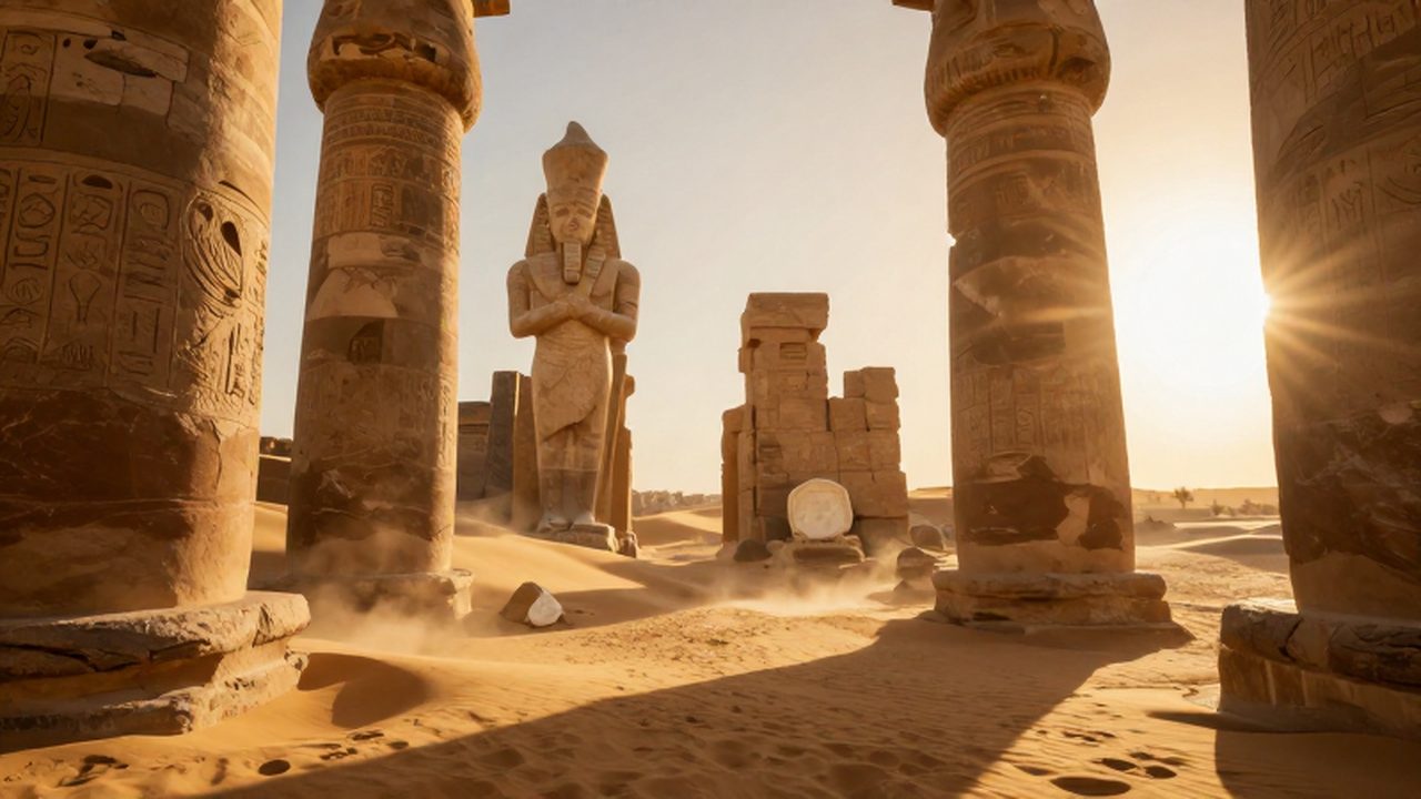 Escultura monumental de una deidad entre ruinas de piedra y dunas de arena al atardecer.