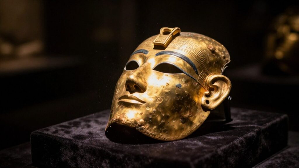 Máscara funeraria de oro con grabados mesopotámicos sobre un pedestal de terciopelo oscuro.