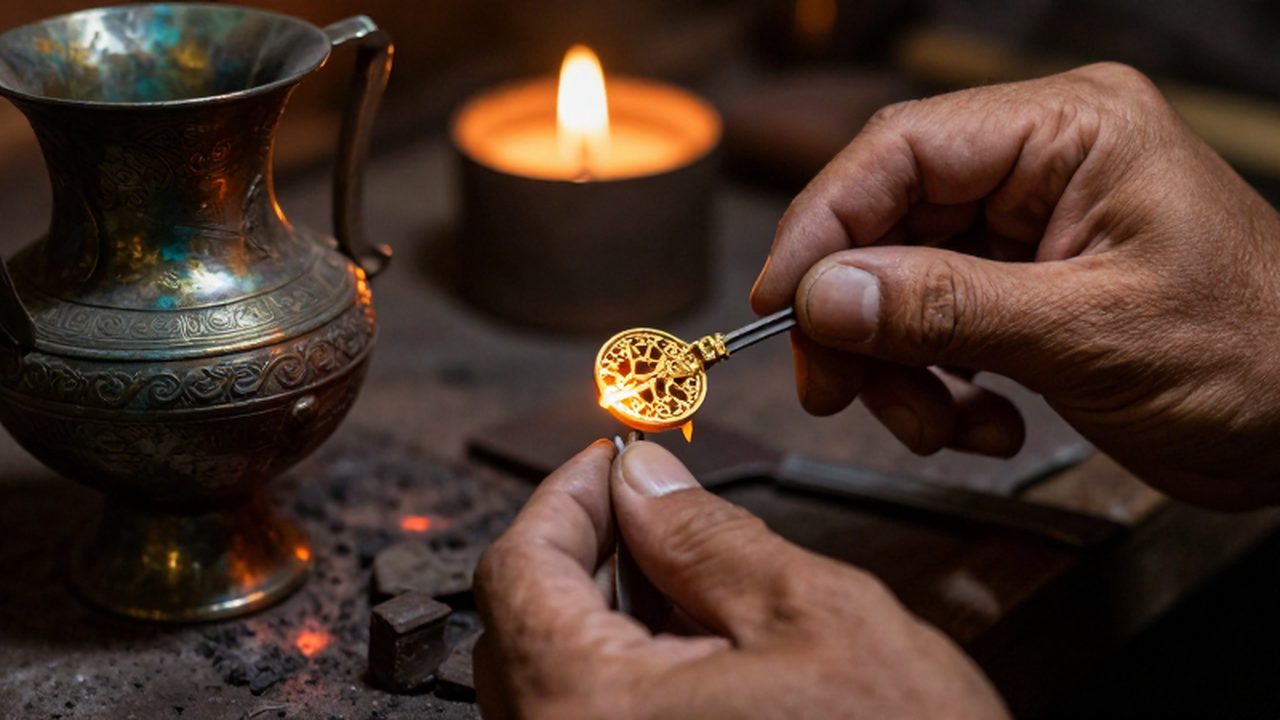 Manos de un artesano moldeando filigrana de oro junto a un recipiente ceremonial de bronce.