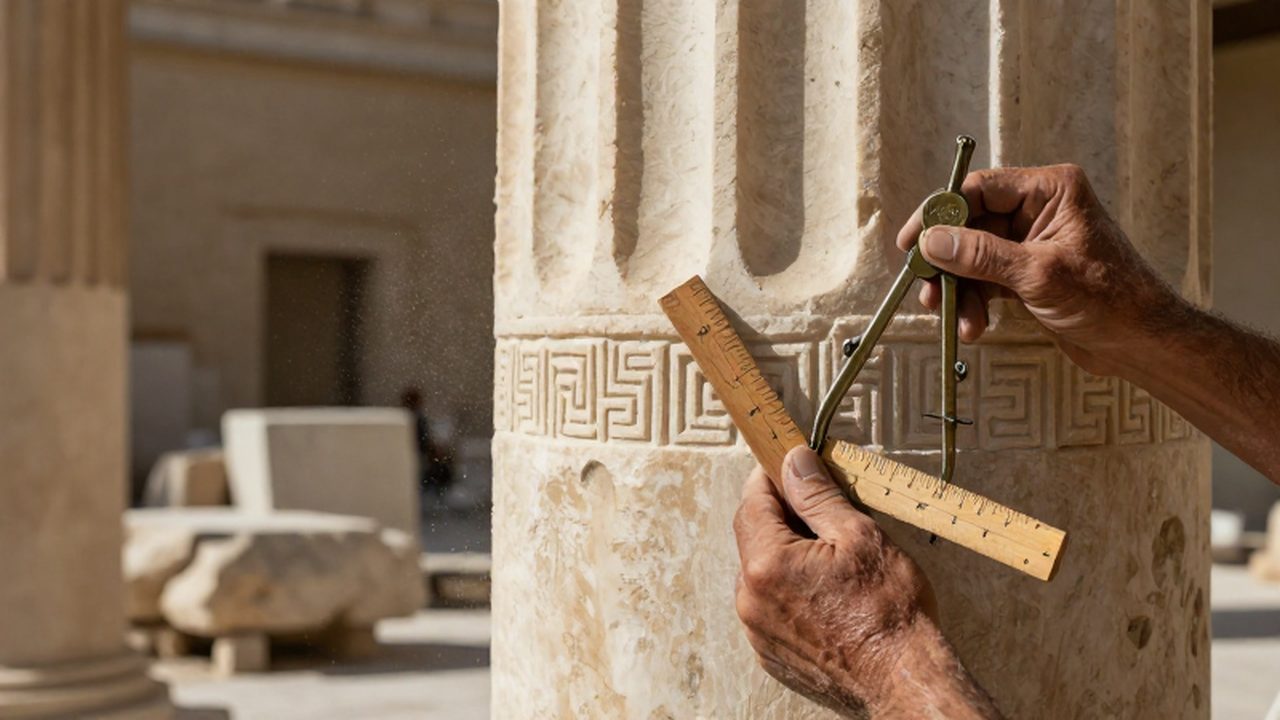 Manos de un cantero midiendo una columna de mármol con herramientas de bronce en un templo griego.