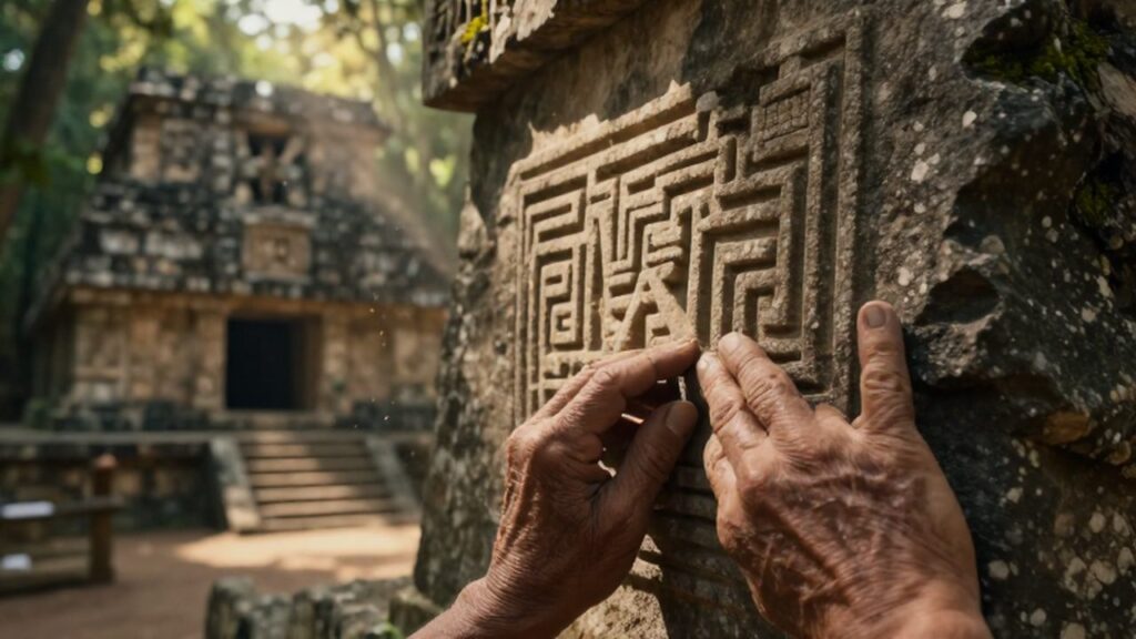 Manos de un artesano tallando patrones geométricos en un monolito de basalto entre ruinas mesoamericanas.