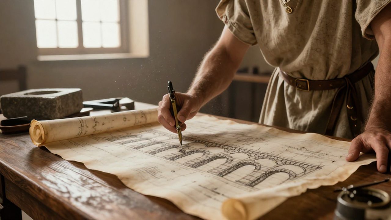 Ingeniero romano estudiando un plano de un acueducto sobre una mesa con herramientas de construcción.