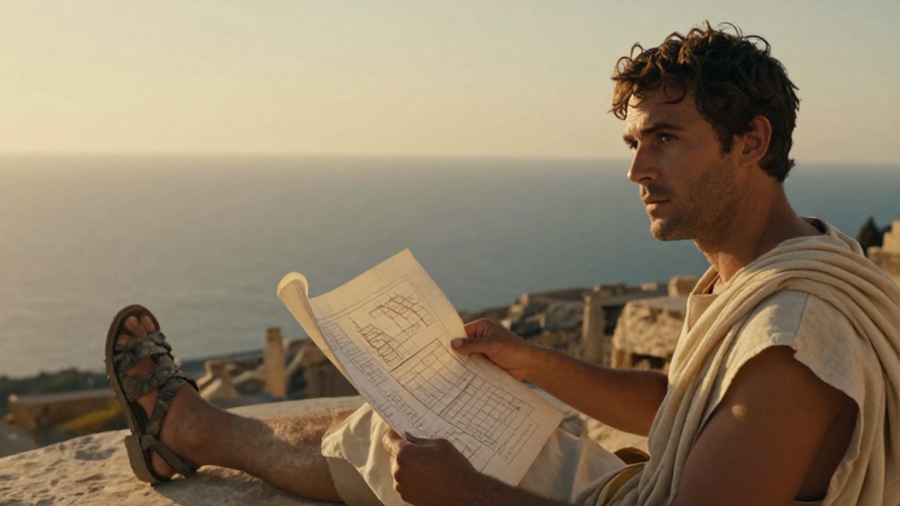Arquitecto griego con planos de pergamino observa el mar Egeo entre ruinas al atardecer.