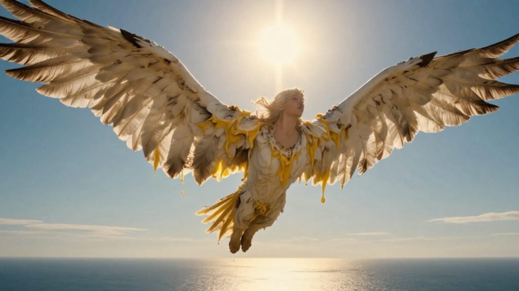 Ícaro vuela hacia un sol brillante con alas de plumas y cera derretida sobre el mar Egeo.