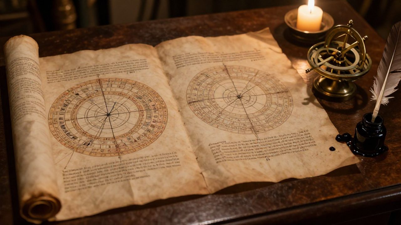 Dos pergaminos antiguos con cálculos astronómicos junto a un astrolabio de latón sobre un escritorio de madera.