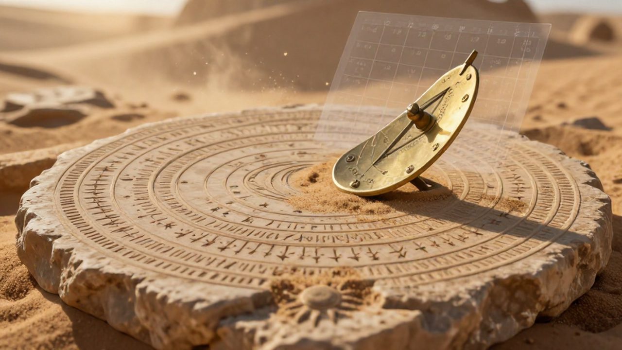 Calendario astronómico de piedra tallada con un reloj de sol junto a una cuadrícula de calendario moderna.