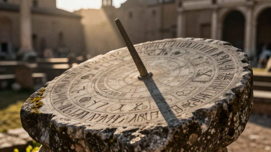 Reloj de sol de piedra con grabados astronómicos bajo la luz del atardecer en unas ruinas romanas.