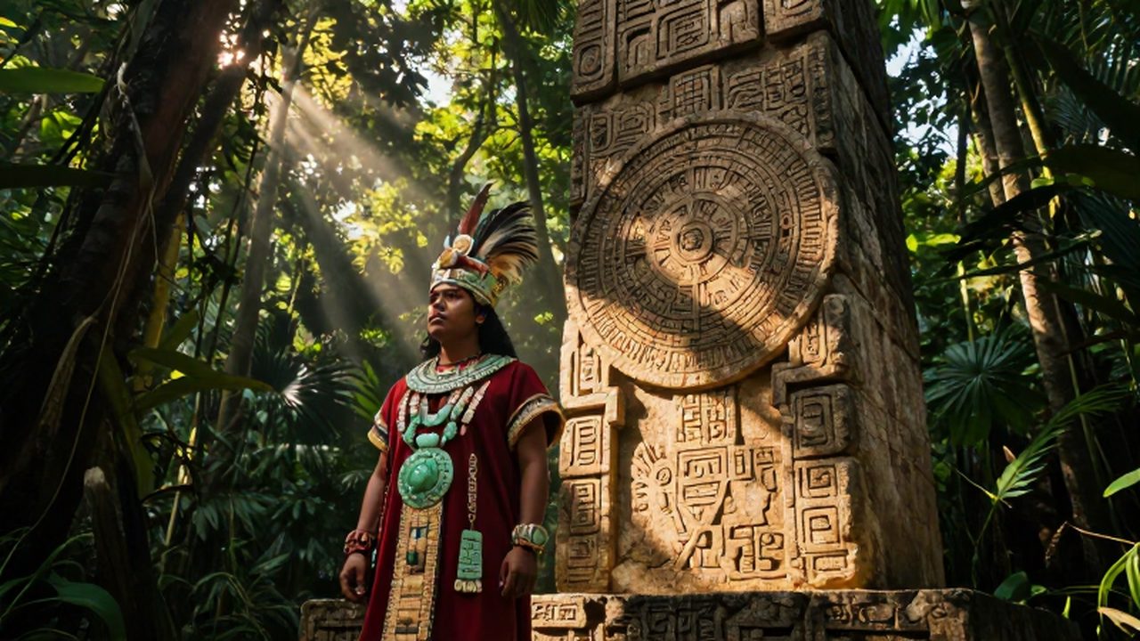Sacerdote maya con tocado de plumas frente a una estela de piedra tallada en la selva.