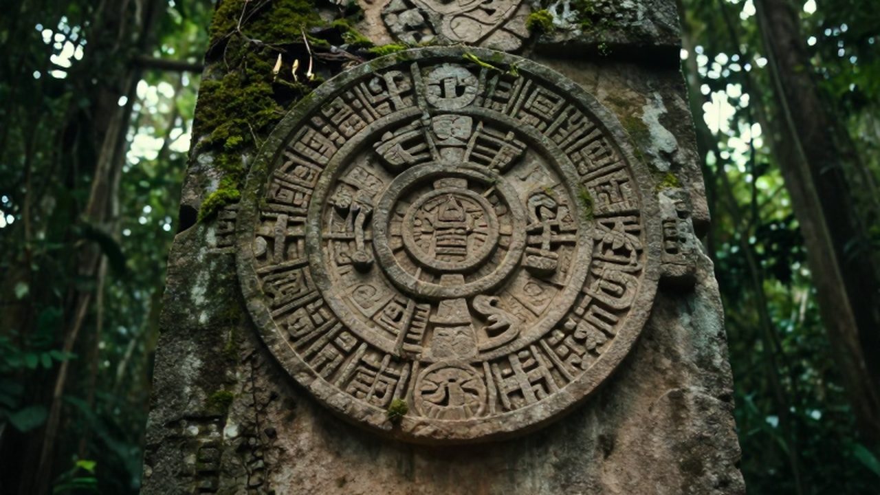 Estela de piedra maya con glifos tallados cubierta de musgo entre la vegetación de la selva.