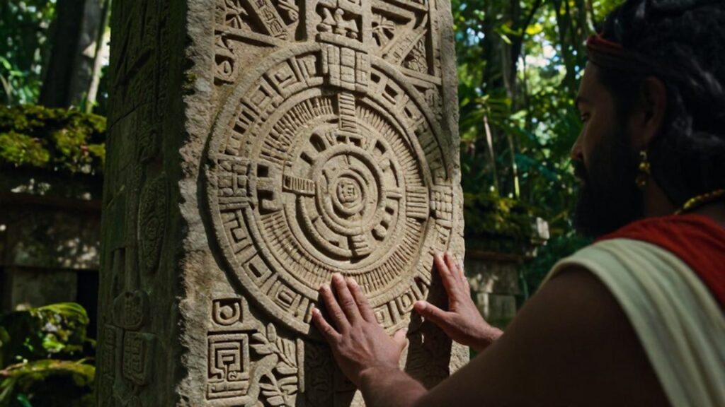 Sacerdote maya con vestimenta ceremonial frente a una estela de piedra tallada en la selva.