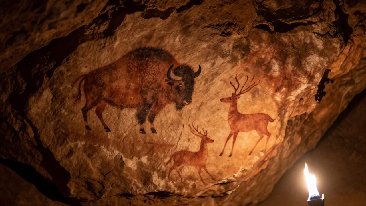 Pinturas rupestres de bisontes y ciervos trazadas con pigmentos naturales sobre una pared de piedra.