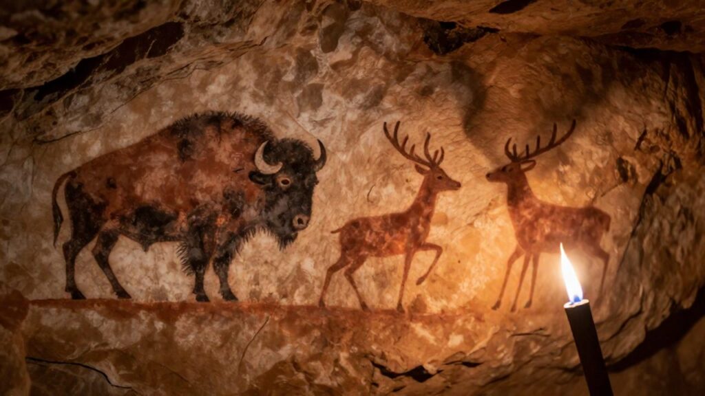 Pinturas rupestres de bisontes y ciervos dibujadas con pigmentos naturales sobre una pared de piedra.