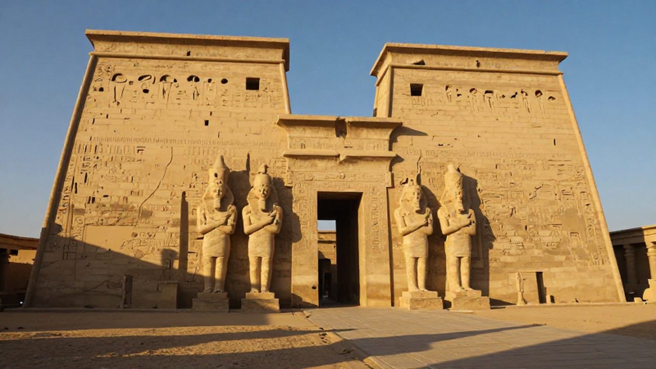 Entrada de un antiguo templo egipcio con enormes pilones grabados y estatuas colosales bajo la luz dorada.