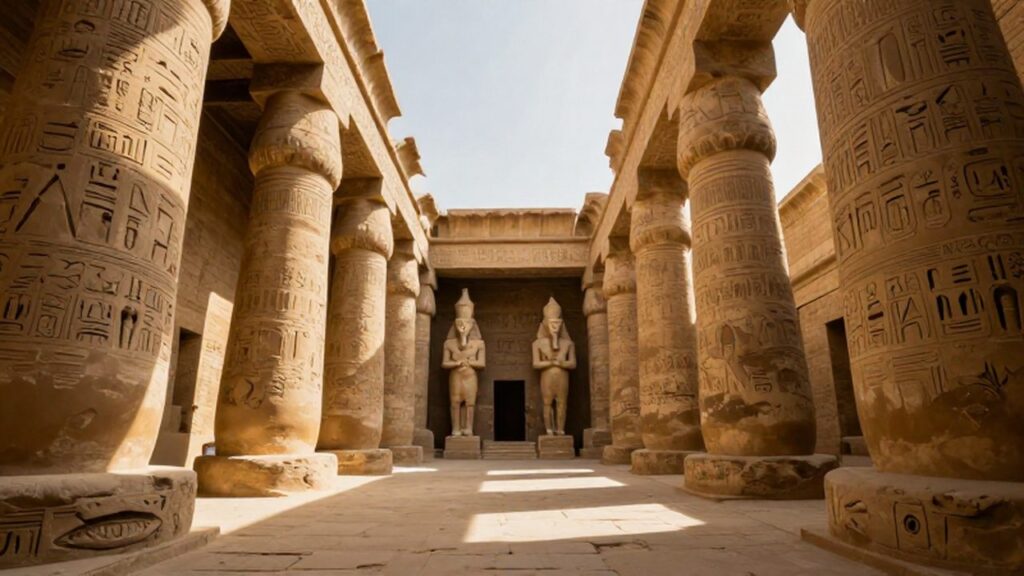 Imponentes templos egipcios con estatuas de faraones y columnas decoradas bajo la luz del atardecer.