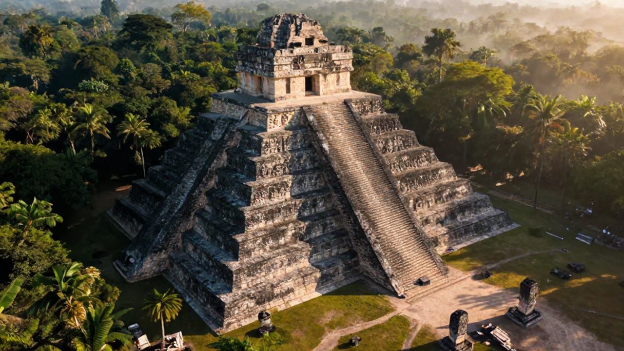 Pirámide maya de piedra con tallas detalladas emergiendo entre la densa selva tropical.
