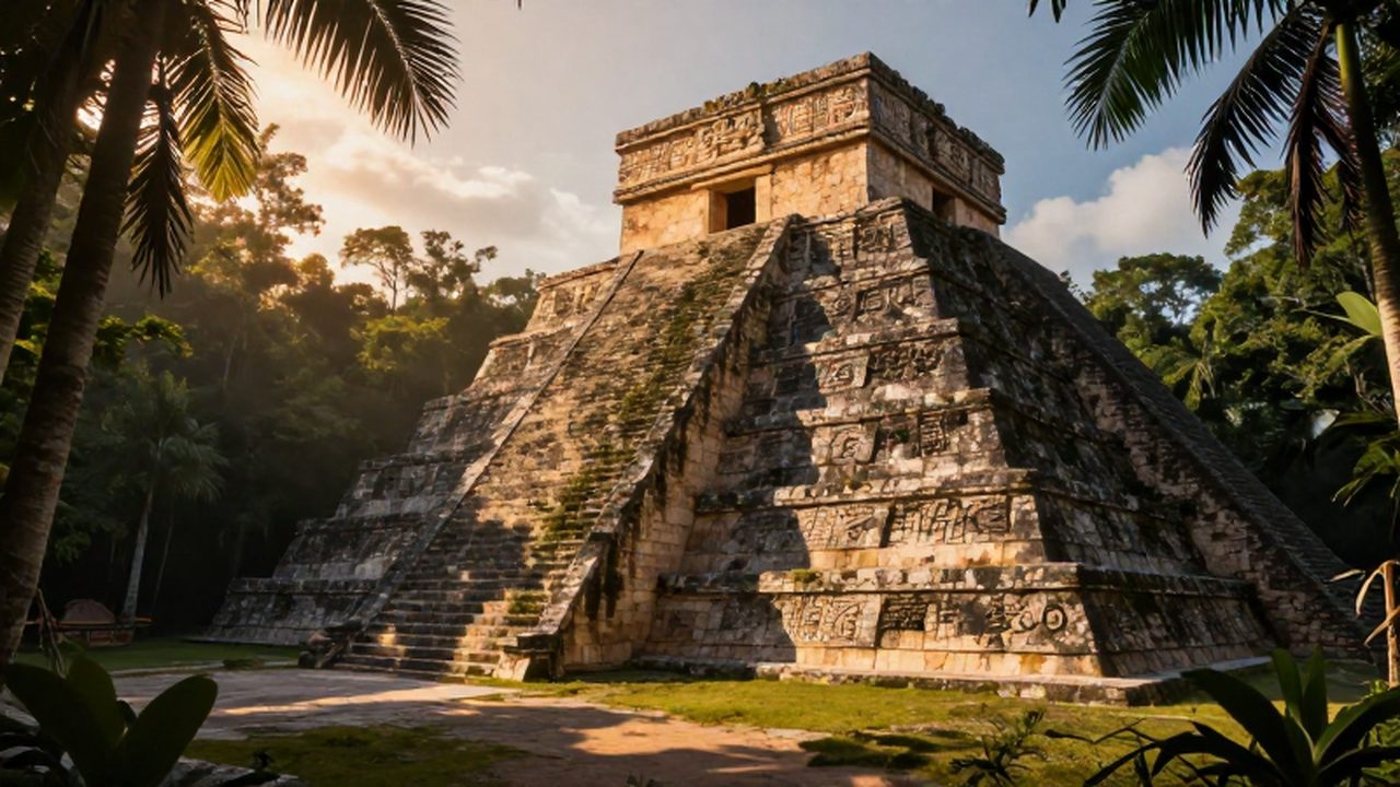 Pirámide maya de piedra tallada emergiendo entre la densa selva tropical al atardecer.