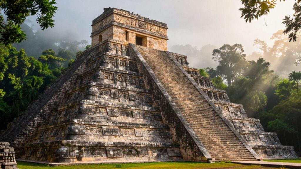 Pirámide maya de piedra con relieves tallados rodeada de una selva tropical con bruma matutina.