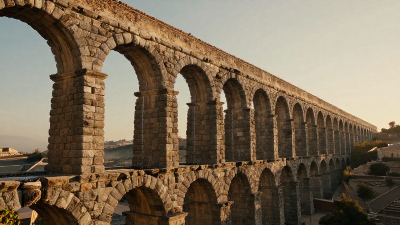 Imponente acueducto romano de piedra con múltiples arcos sobre un valle mediterráneo bajo la luz dorada.