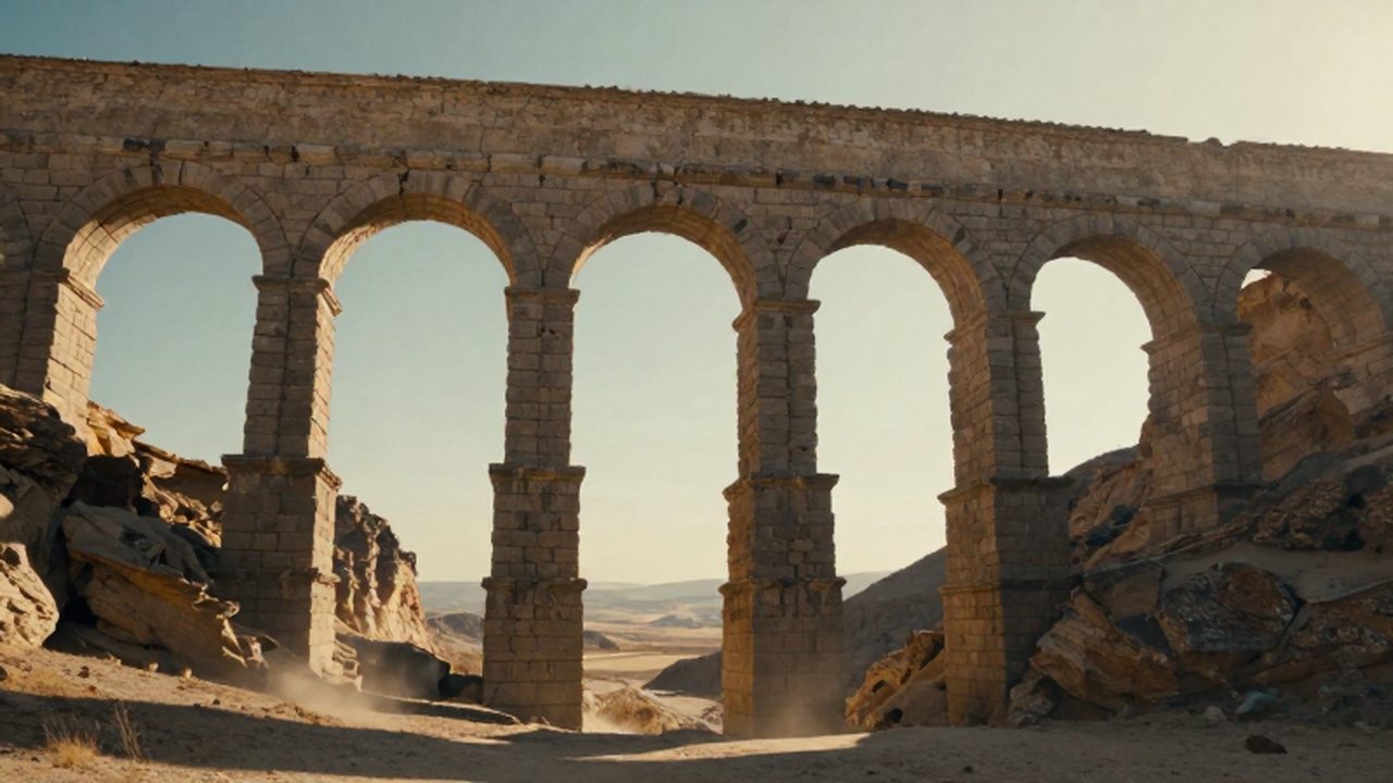 Acueducto romano de piedra con arcos monumentales que atraviesa un valle árido durante el atardecer.