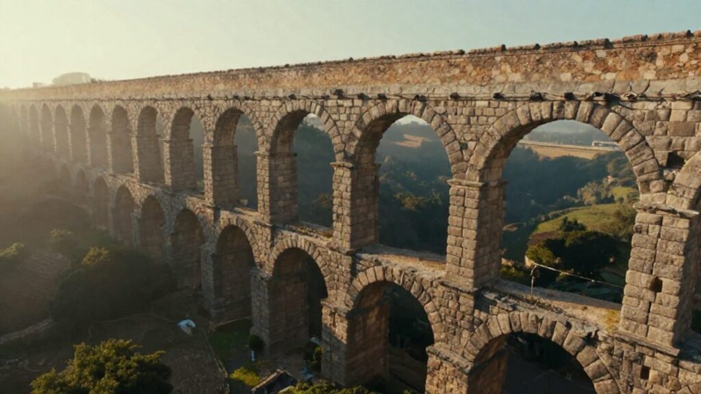 Puente de acueducto romano con grandes arcos de piedra sobre un valle con neblina matutina.